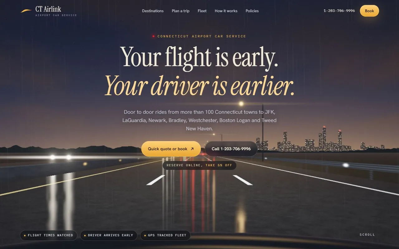 A night highway seen from the driver's seat, with the headline 'Your flight is early. Your driver is earlier.'