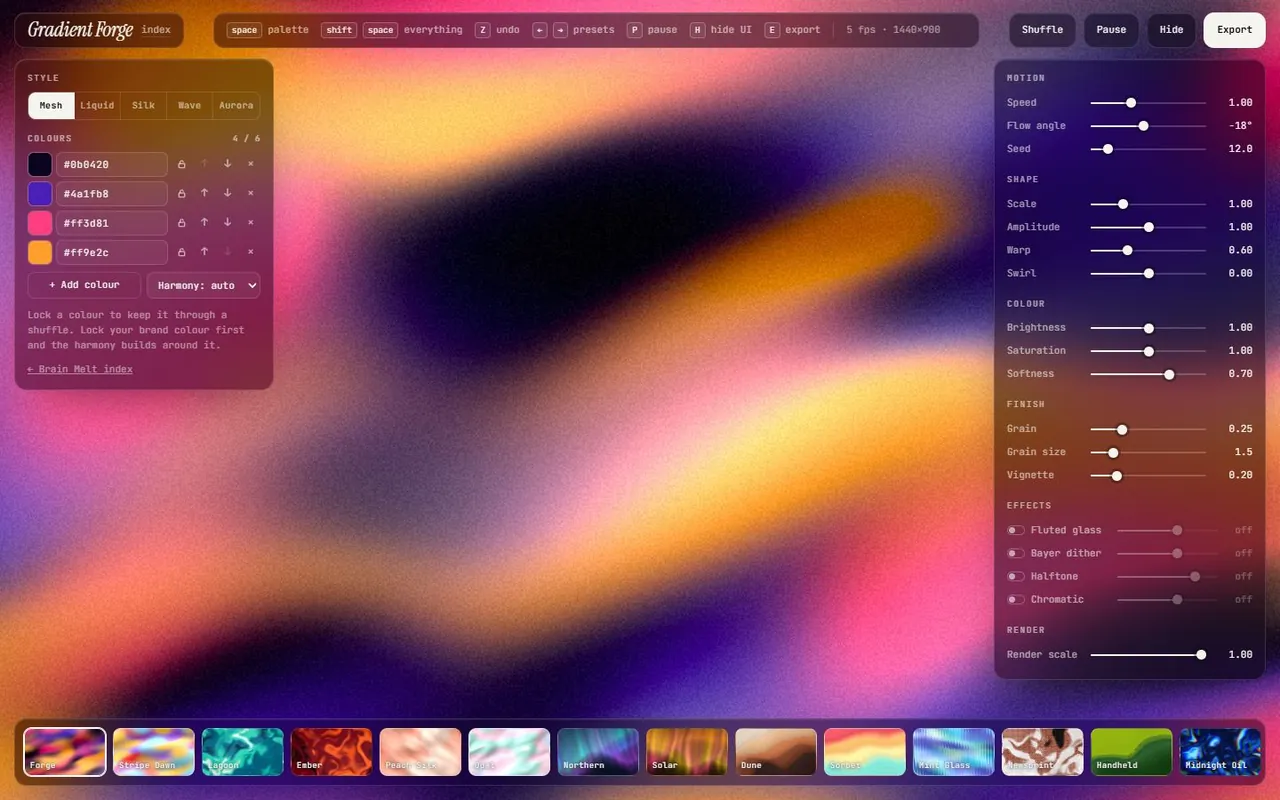 Gradient Forge: a full-screen purple, pink and orange animated gradient with glass control panels for colors, motion and effects.