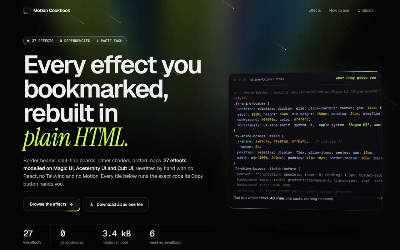 Motion Cookbook: the headline 'Every effect you bookmarked, rebuilt in plain HTML' beside a code card.