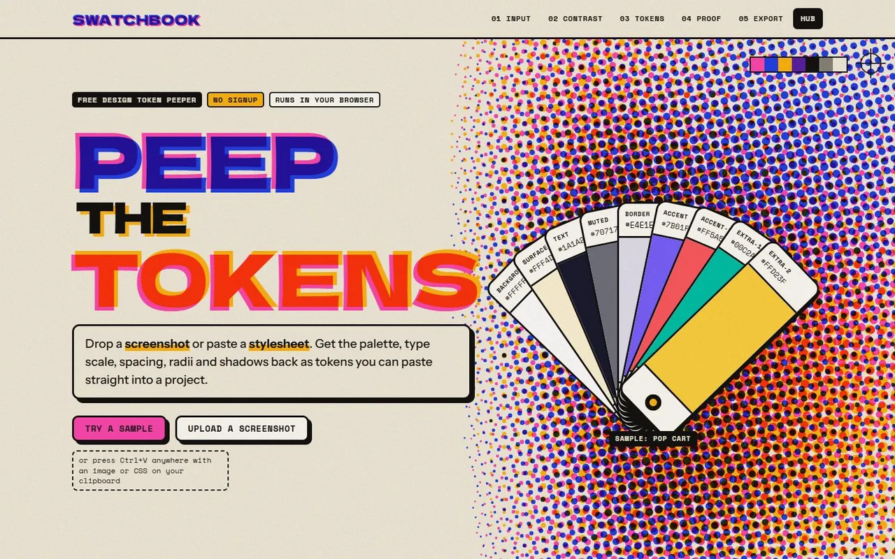 Swatchbook: the words 'Peep the tokens' in loud print-shop type beside a fan of paint chips over halftone dots.