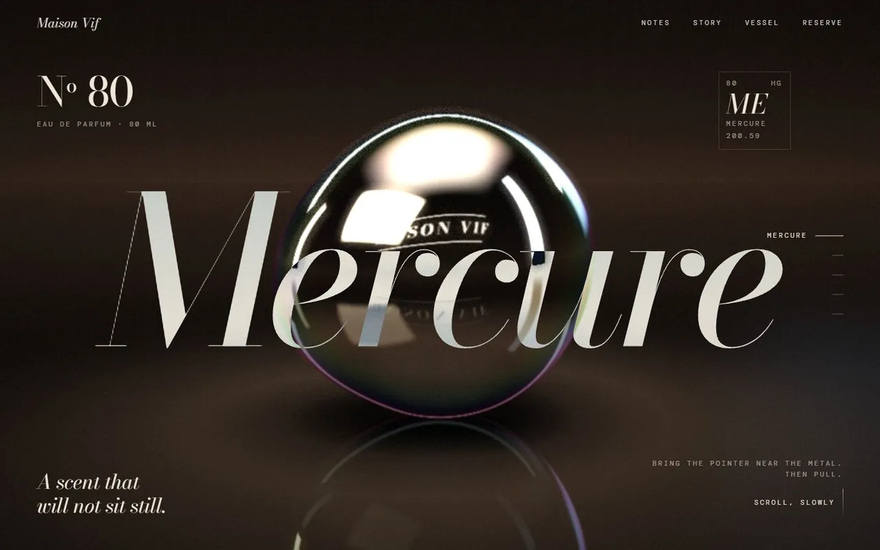 A liquid chrome sphere on a dark floor behind the word Mercure in large italic serif type.