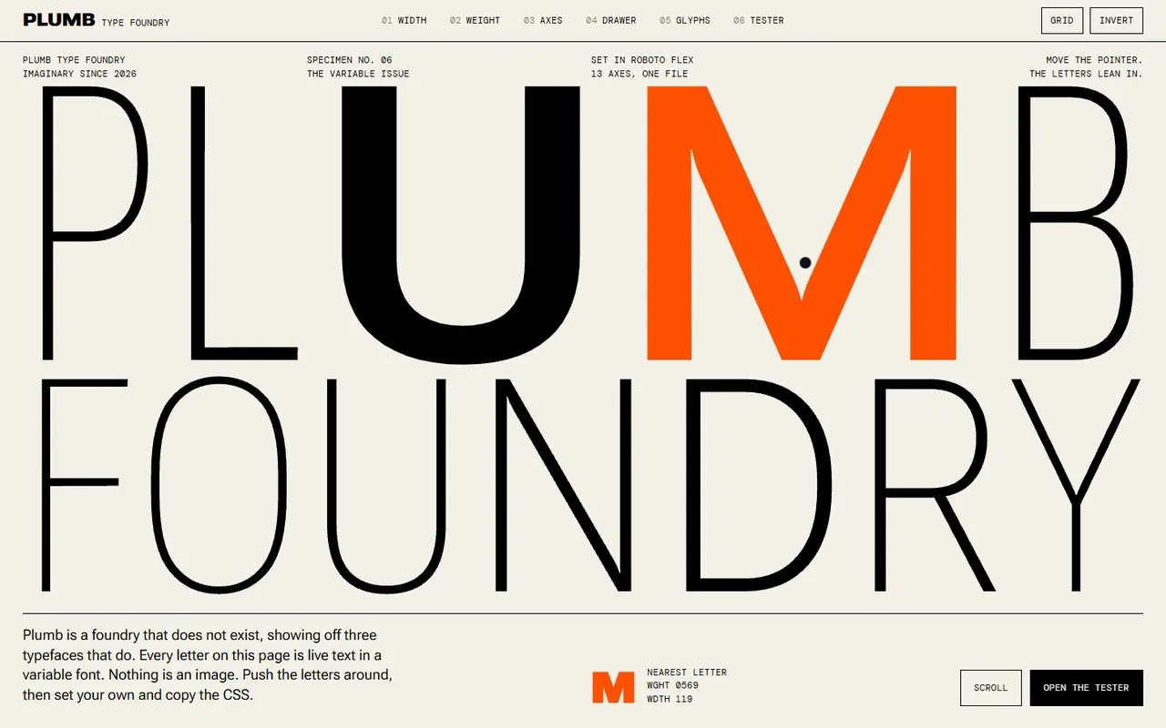 Plumb Type Foundry: the words PLUMB FOUNDRY in giant black letters, one letter bold and orange.