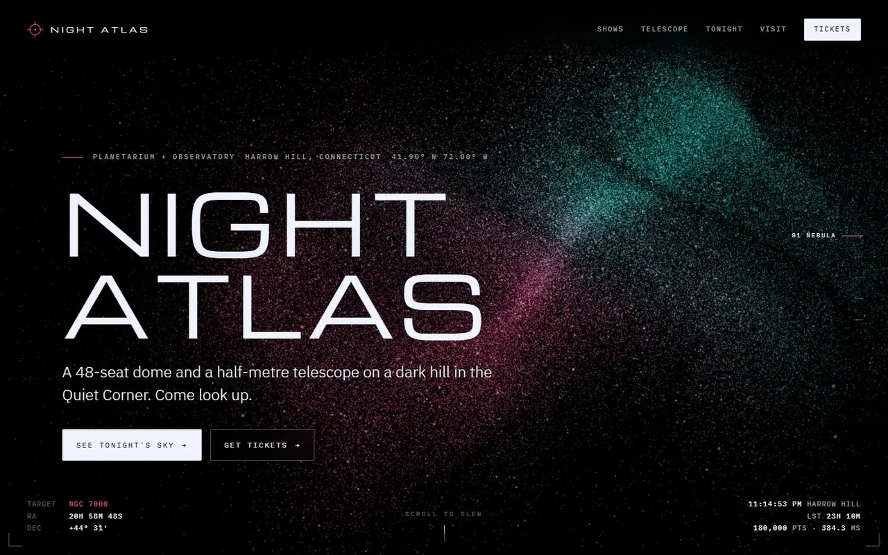 The words NIGHT ATLAS over a cloud of rose and teal particles on black.