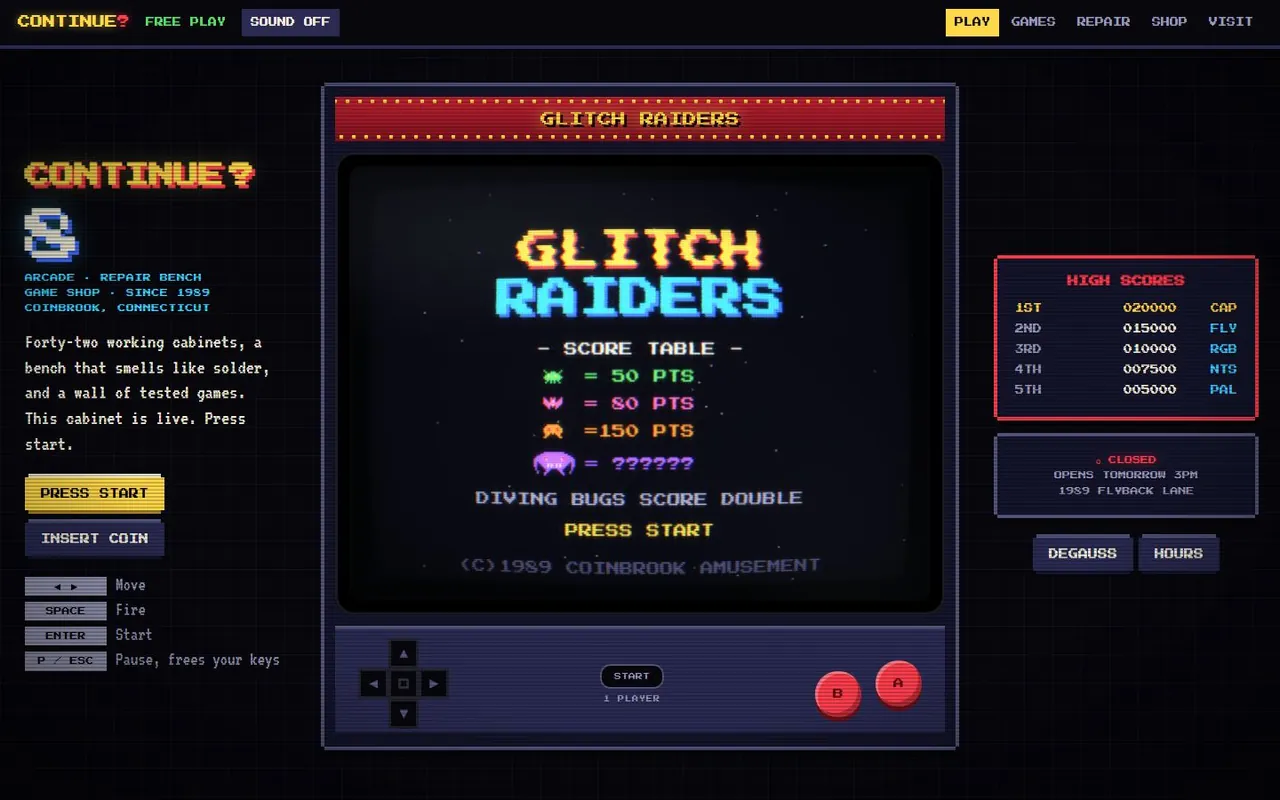 An arcade cabinet screen showing the title GLITCH RAIDERS with a score table, inside a retro arcade website.