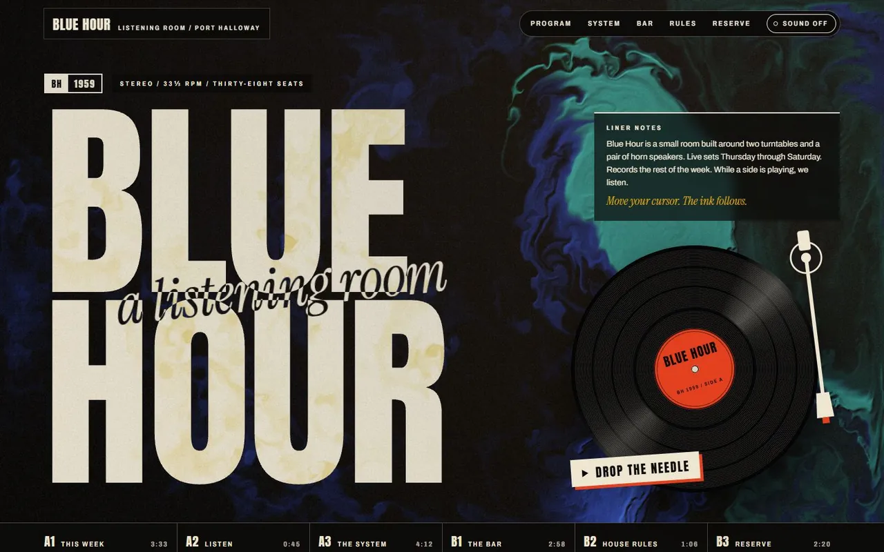 The words BLUE HOUR in huge cream letters over swirling blue and teal ink, beside a vinyl record.