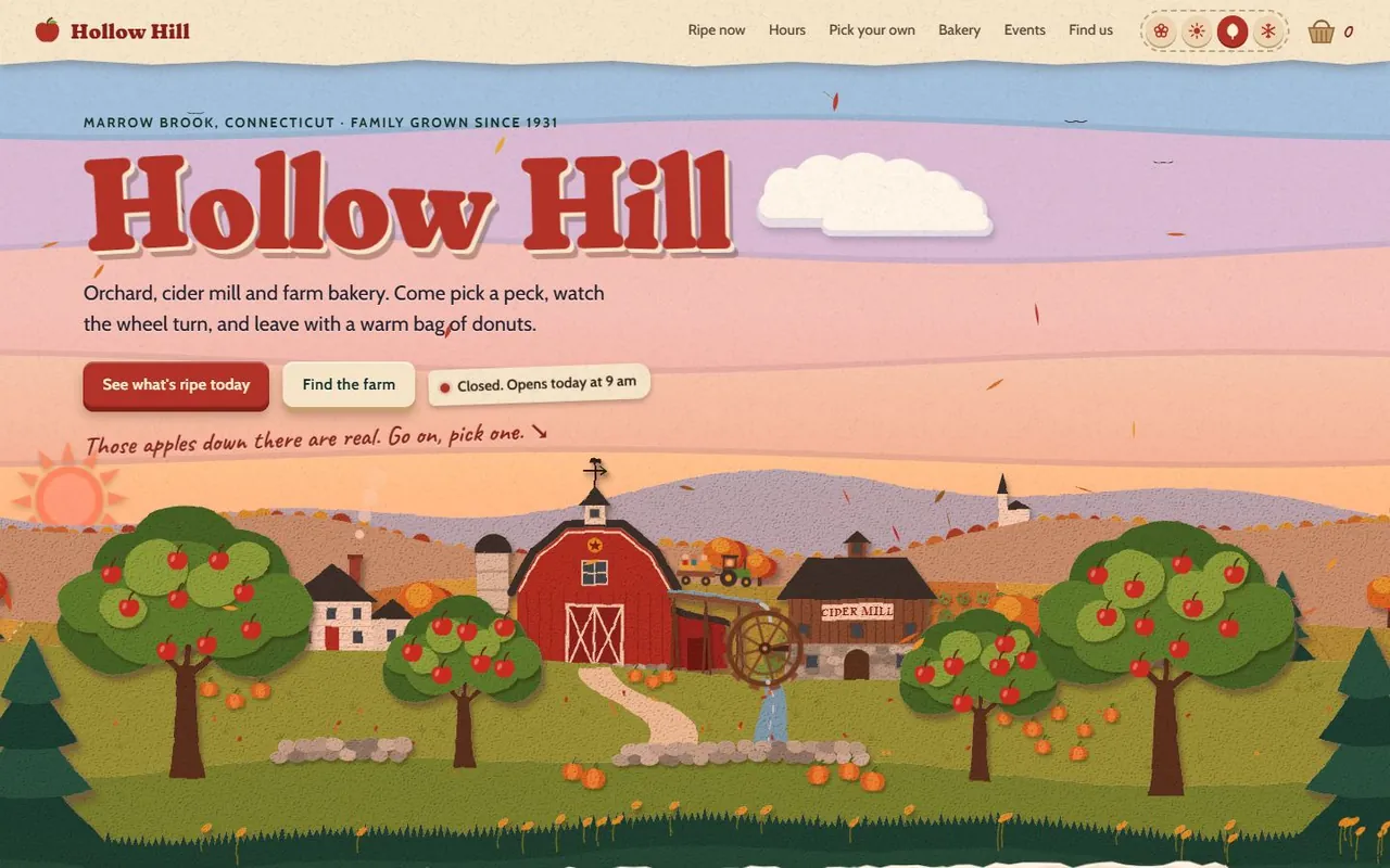 A cut-paper landscape of an orchard with a red barn, a cider mill and apple trees under a pink morning sky.