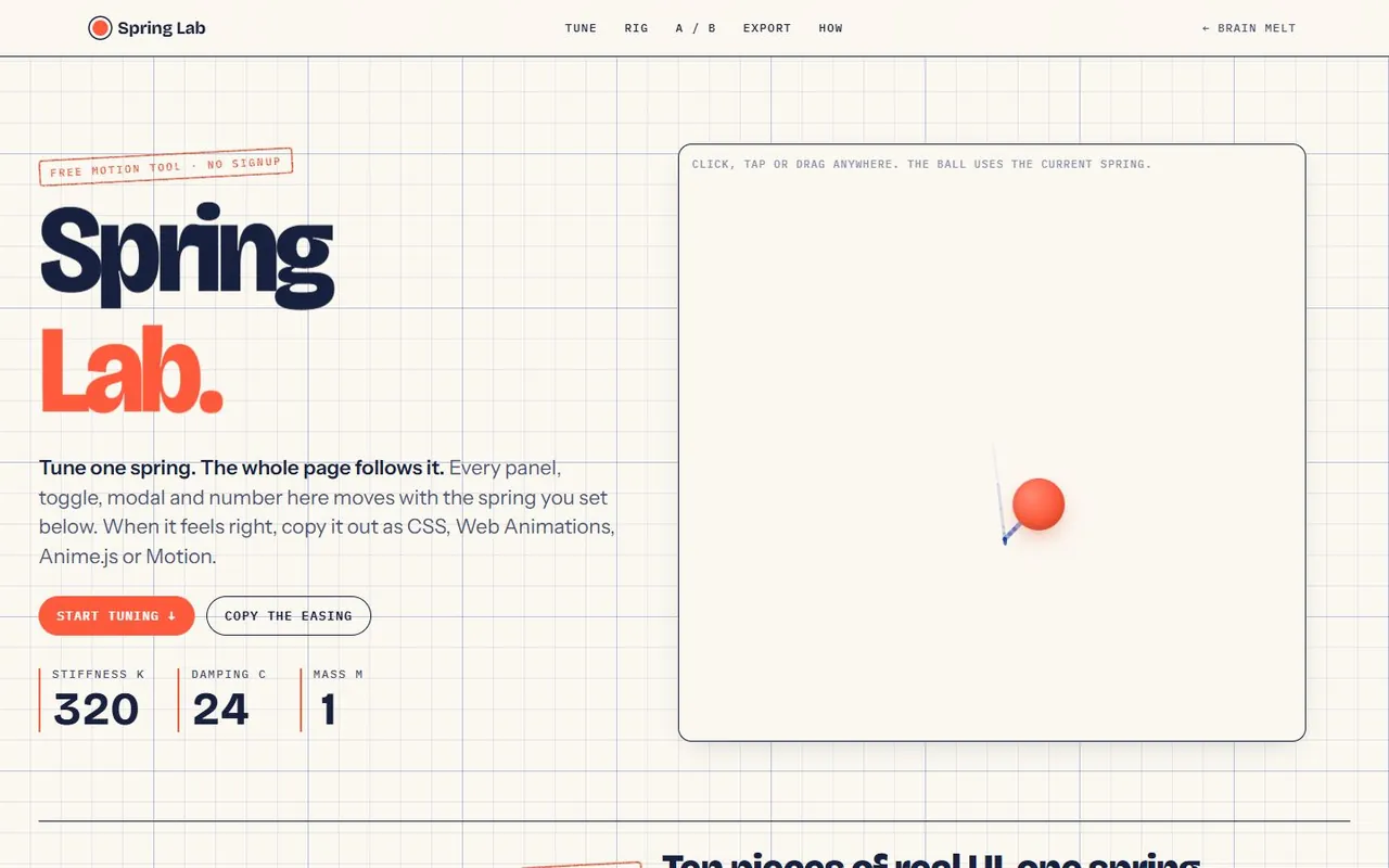 Spring Lab: the words Spring Lab in heavy navy and coral type on graph paper, beside a coral ball hanging on a spring.