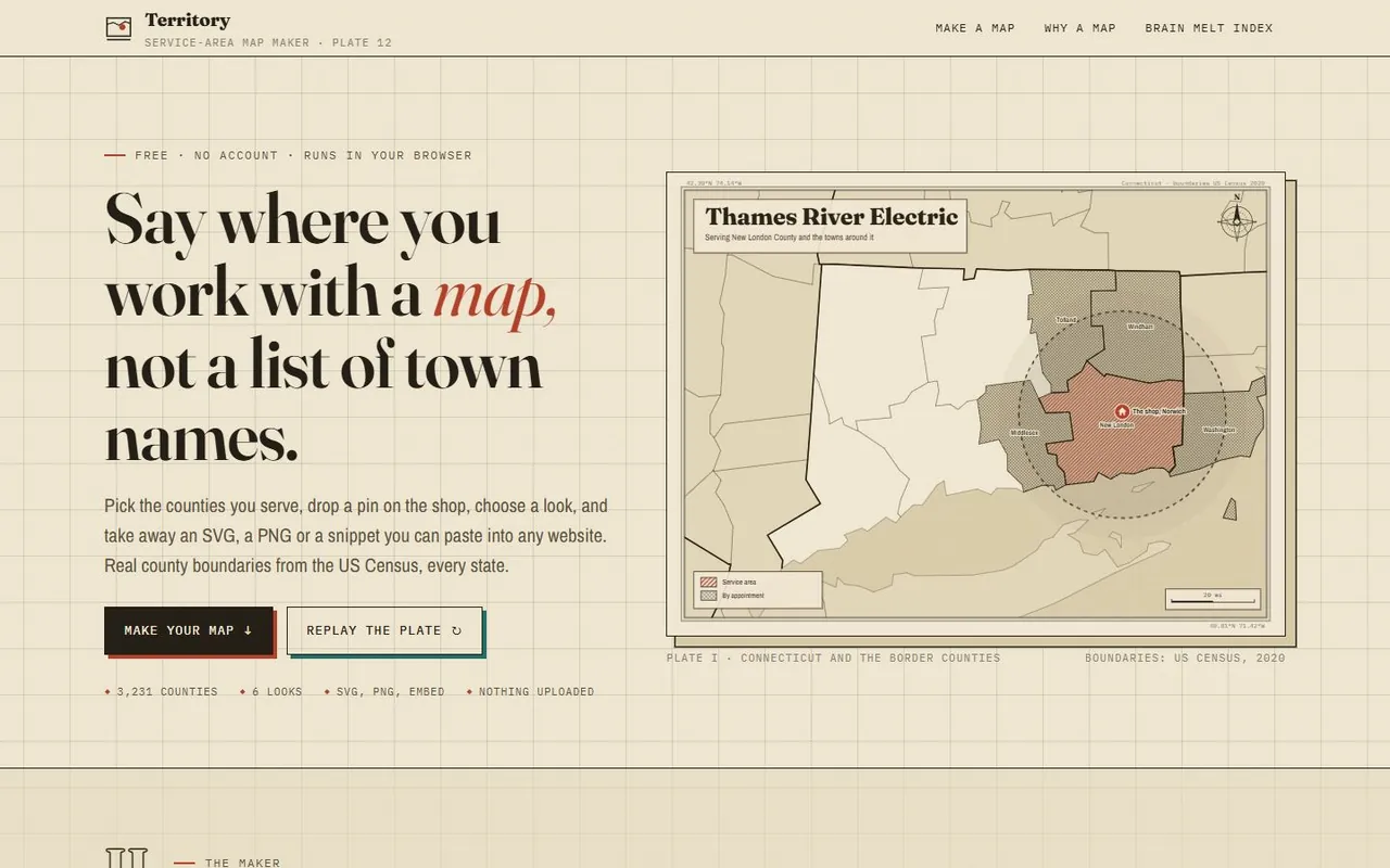 Territory: the headline Say where you work with a map, not a list of town names, beside a cream map plate of Connecticut with a hatched service area.