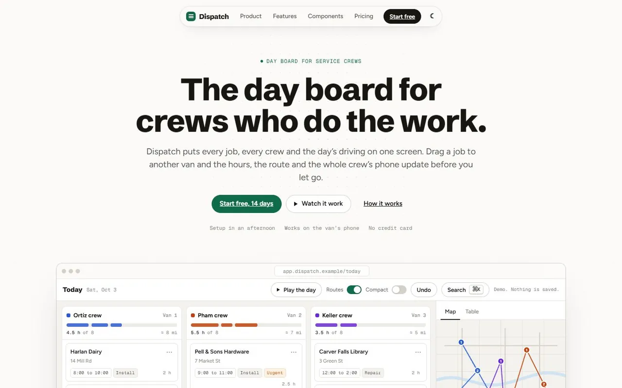 The headline The day board for crews who do the work, above a browser window showing three crew columns of job cards and a route map.