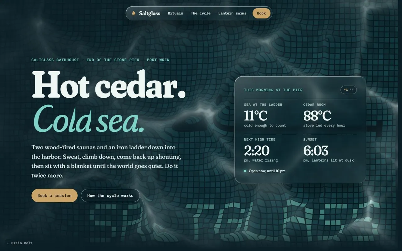 The headline Hot cedar. Cold sea. over rippling sea-green pool tiles, beside a frosted glass panel showing sea and sauna temperatures.