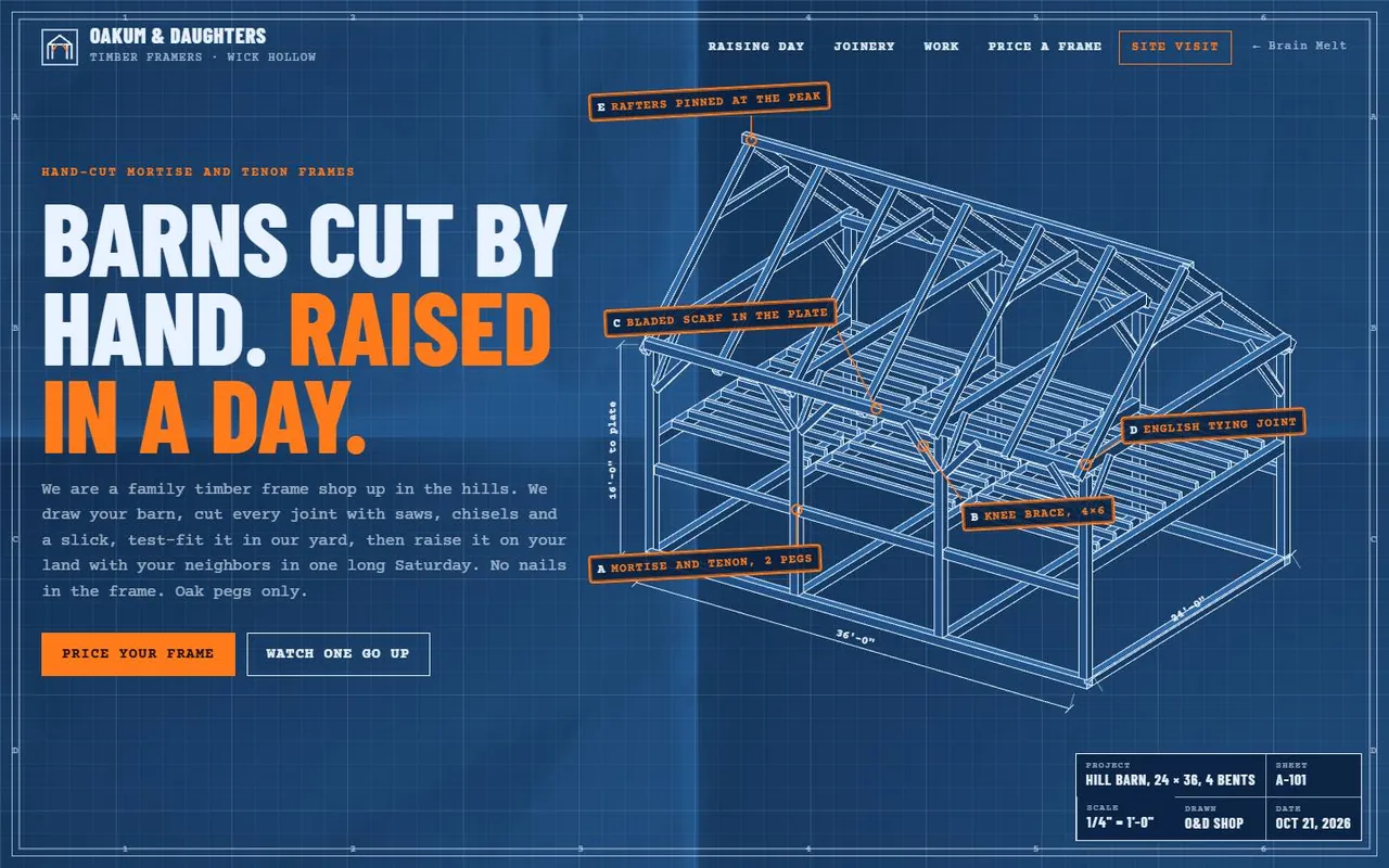 A blueprint drawing of a timber barn frame with orange joinery callouts beside the headline Barns cut by hand. Raised in a day.