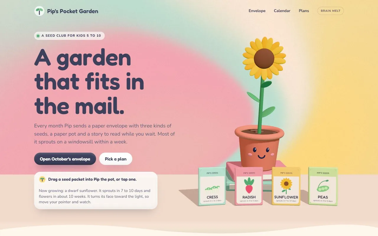 A smiling clay flowerpot with a tall sunflower on a pastel windowsill, with four seed packets in front, beside the headline A garden that fits in the mail.