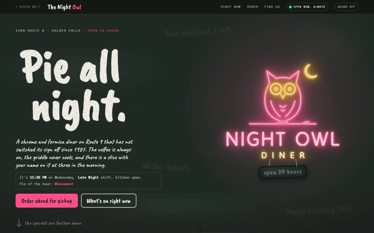 The words Pie all night. written in chalk on a dark green board beside a glowing pink and gold neon owl sign for the Night Owl Diner.