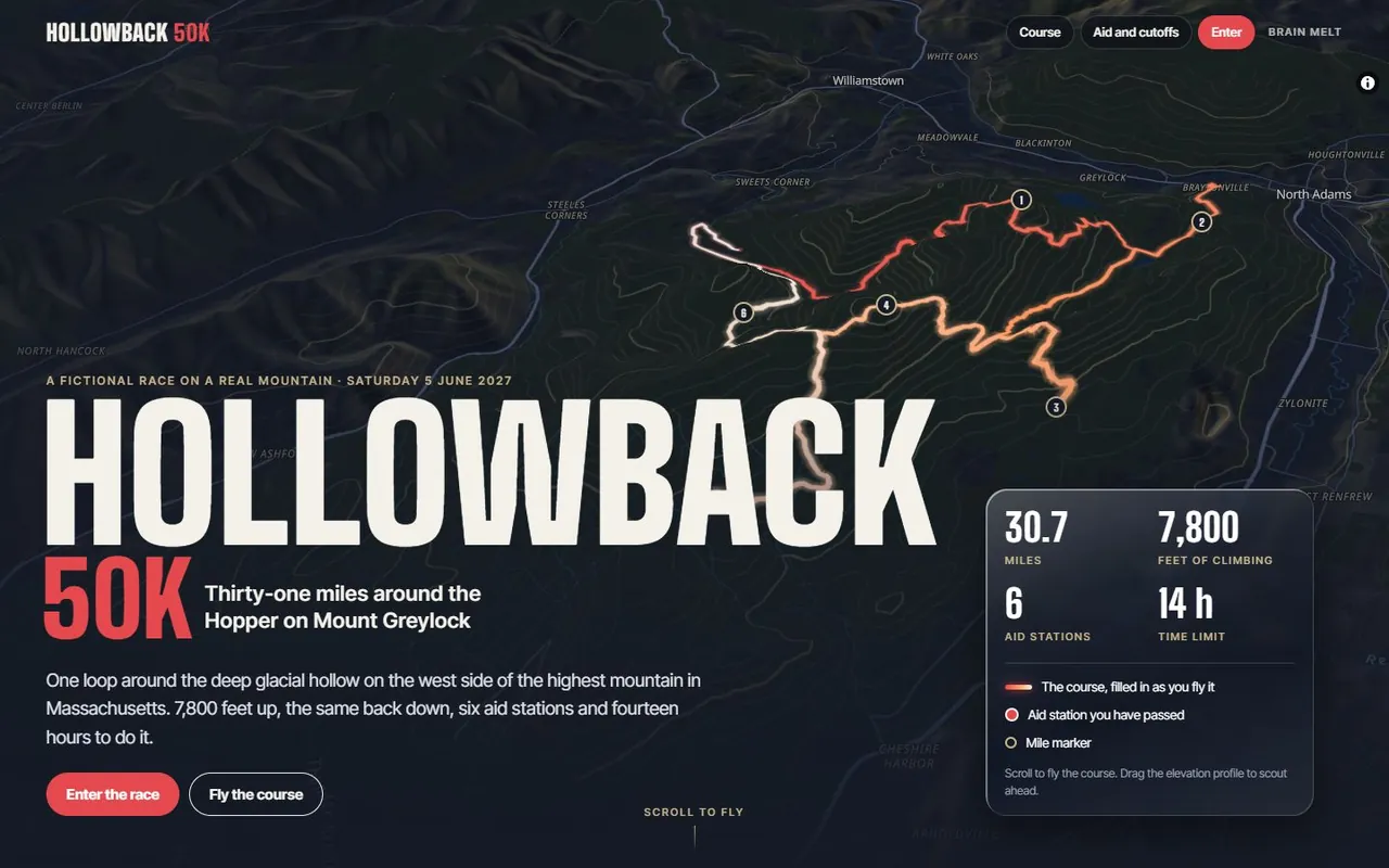 The words HOLLOWBACK 50K in huge cream type over a dark 3D map of Mount Greylock with a glowing orange race course and numbered aid stations.