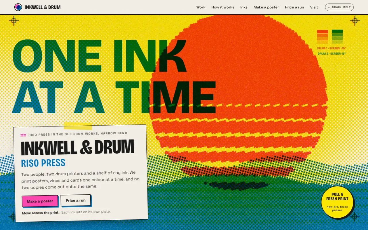 A risograph print in yellow, orange, green and blue halftone dots of a striped sun over hills, with the headline One ink at a time.
