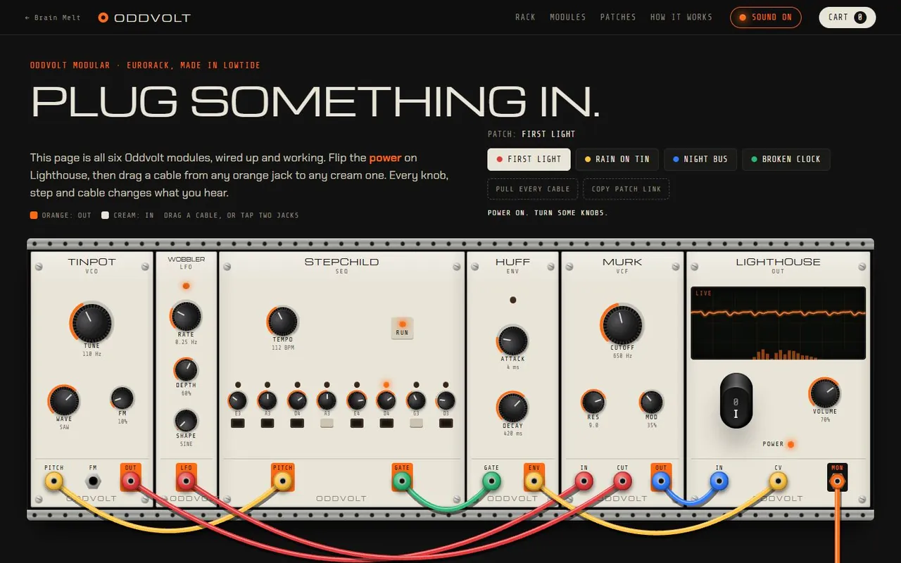 A rack of six cream synthesizer modules with black knobs and colored patch cables under the headline Plug something in.