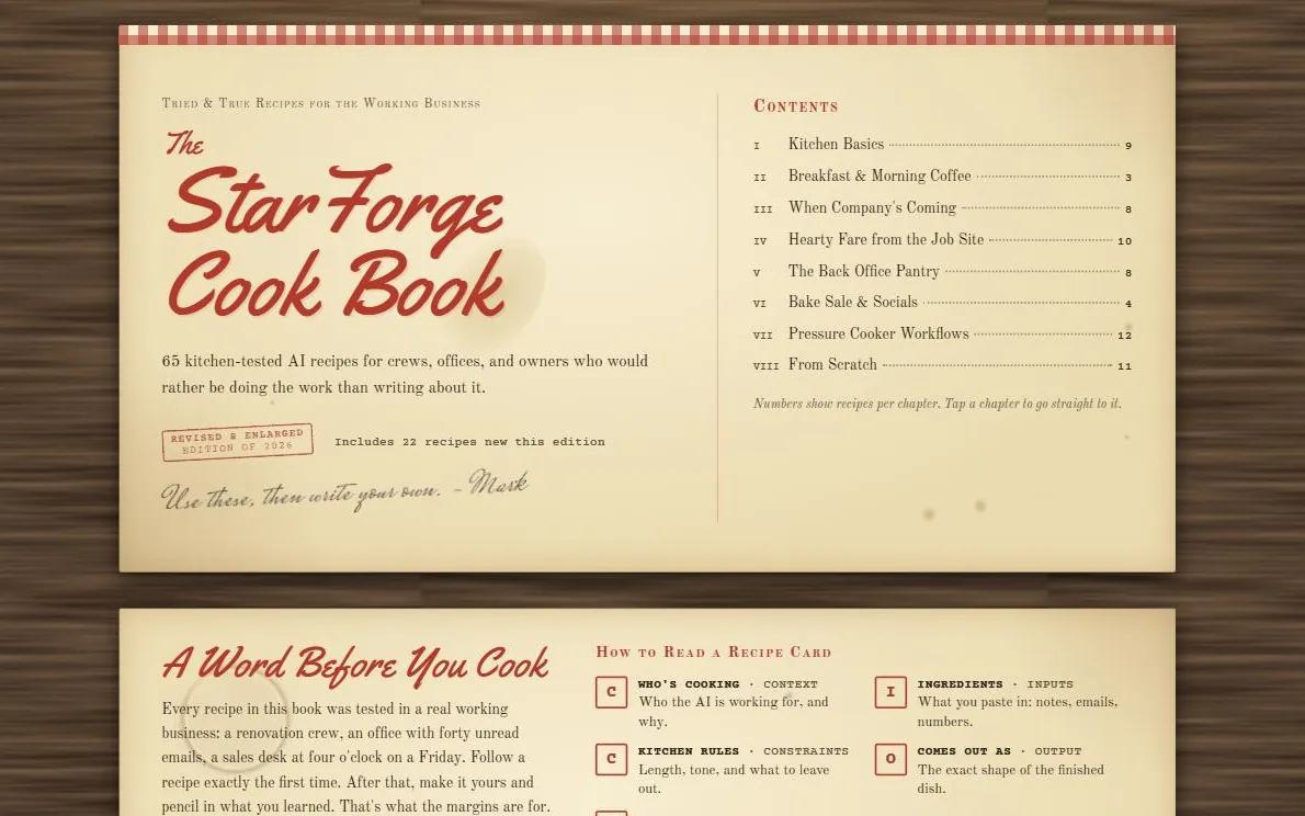 The StarForge Cook Book title page: a 1950s-style recipe box with a red gingham border, a chapter list, and the line 'Use these, then write your own.'