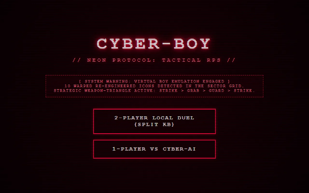Title screen of Cyber-Boy: Neon Protocol, a red-on-black tactical fighting game.