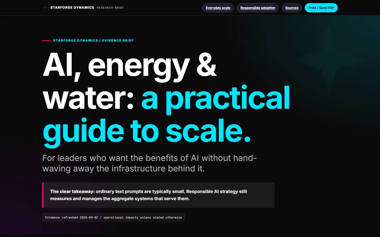 Evidence brief titled 'AI, energy and water: a practical guide to scale.'