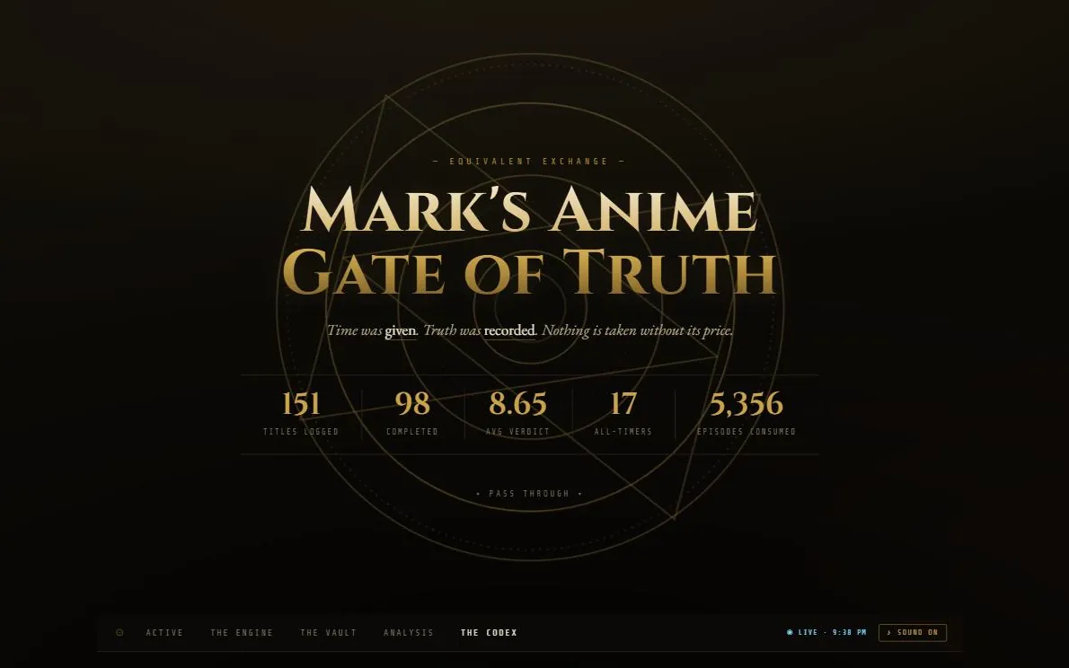 Mark's Anime Gate of Truth: gold lettering over a faint alchemy circle, with stats for titles logged and episodes consumed.