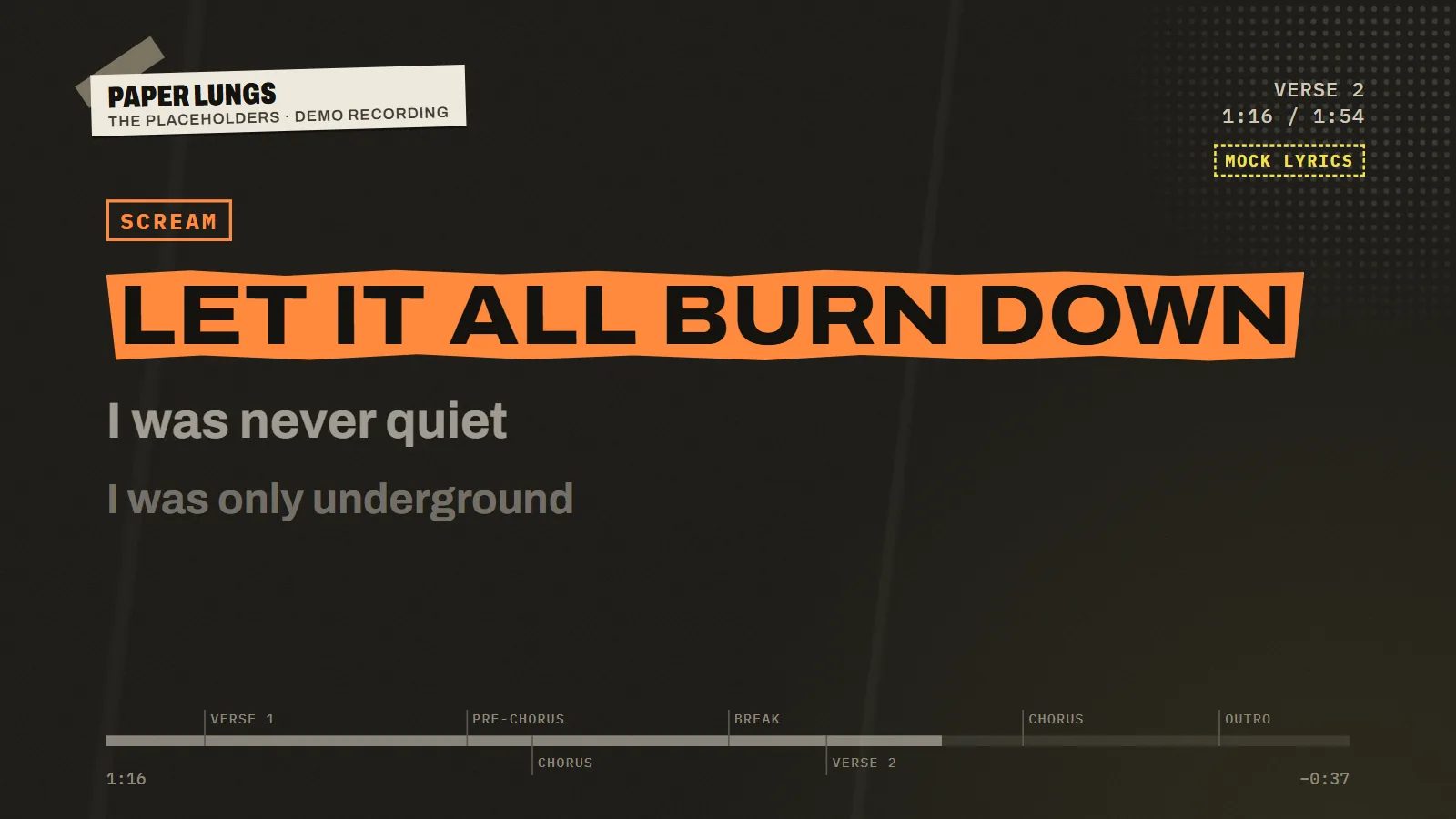 A screamed karaoke line in black on an orange strip, tagged SCREAM, shown with a made-up band.