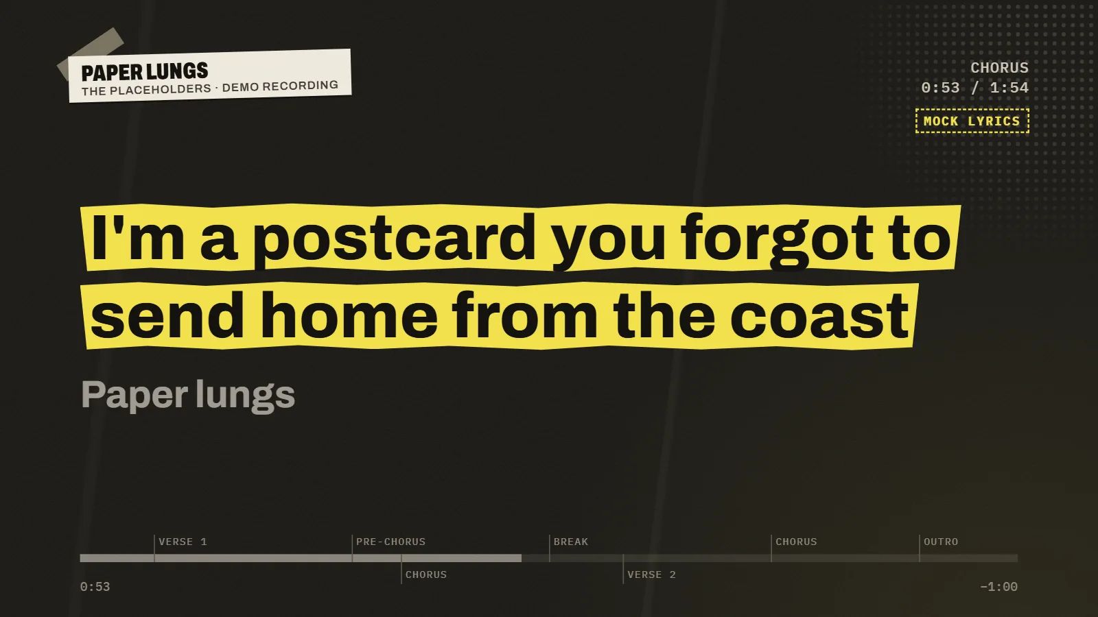 The Basement Karaoke singing screen: a lyric in black on a torn yellow highlighter strip, shown with a made-up band.
