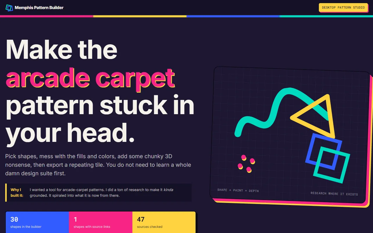 Memphis Pattern Builder with a bright geometric pattern preview.