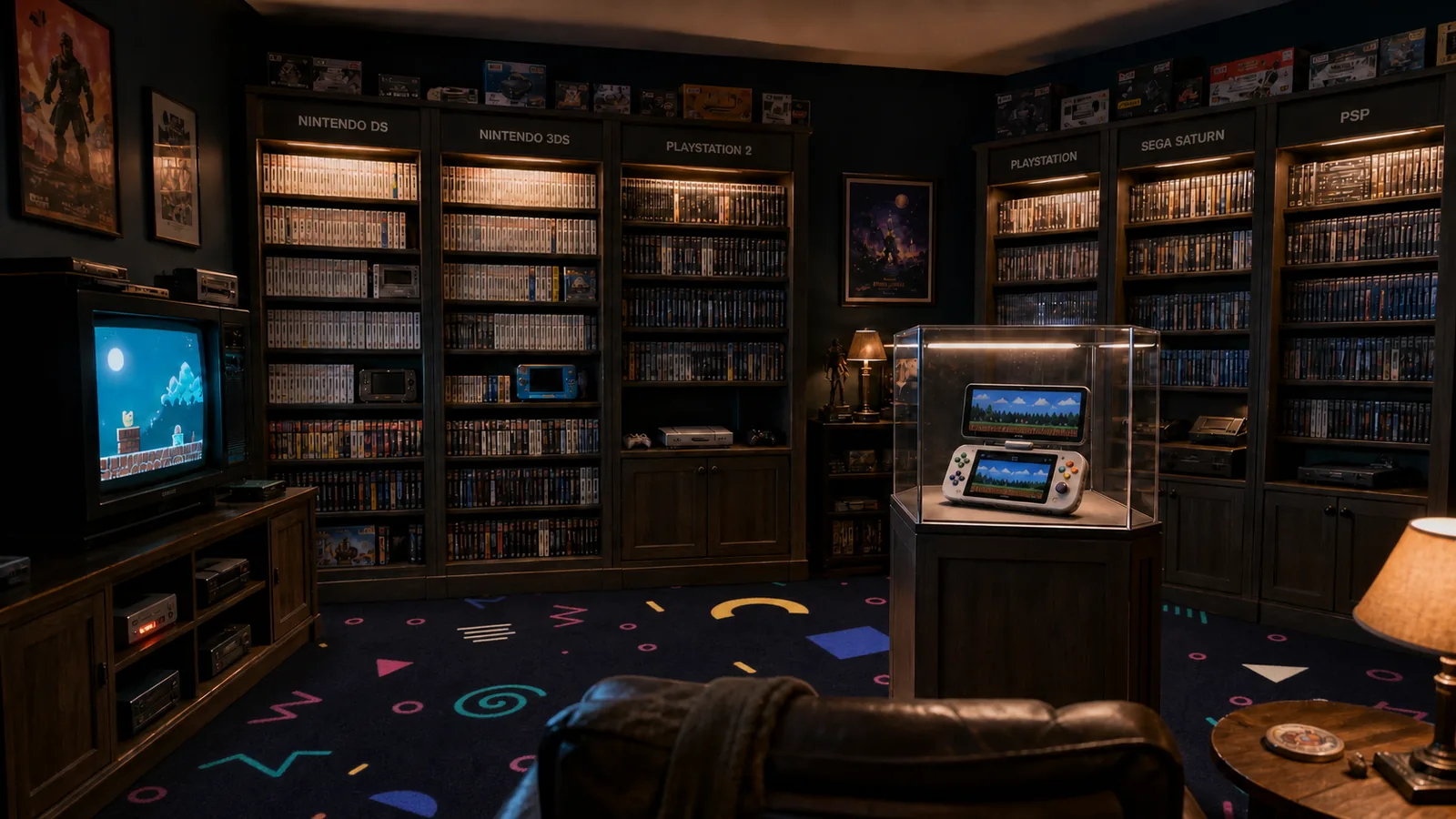 An AI-made concept image of a dim game room with lit shelves of games, a CRT television, a display case and a dark carpet printed with pink, teal, yellow and blue shapes.