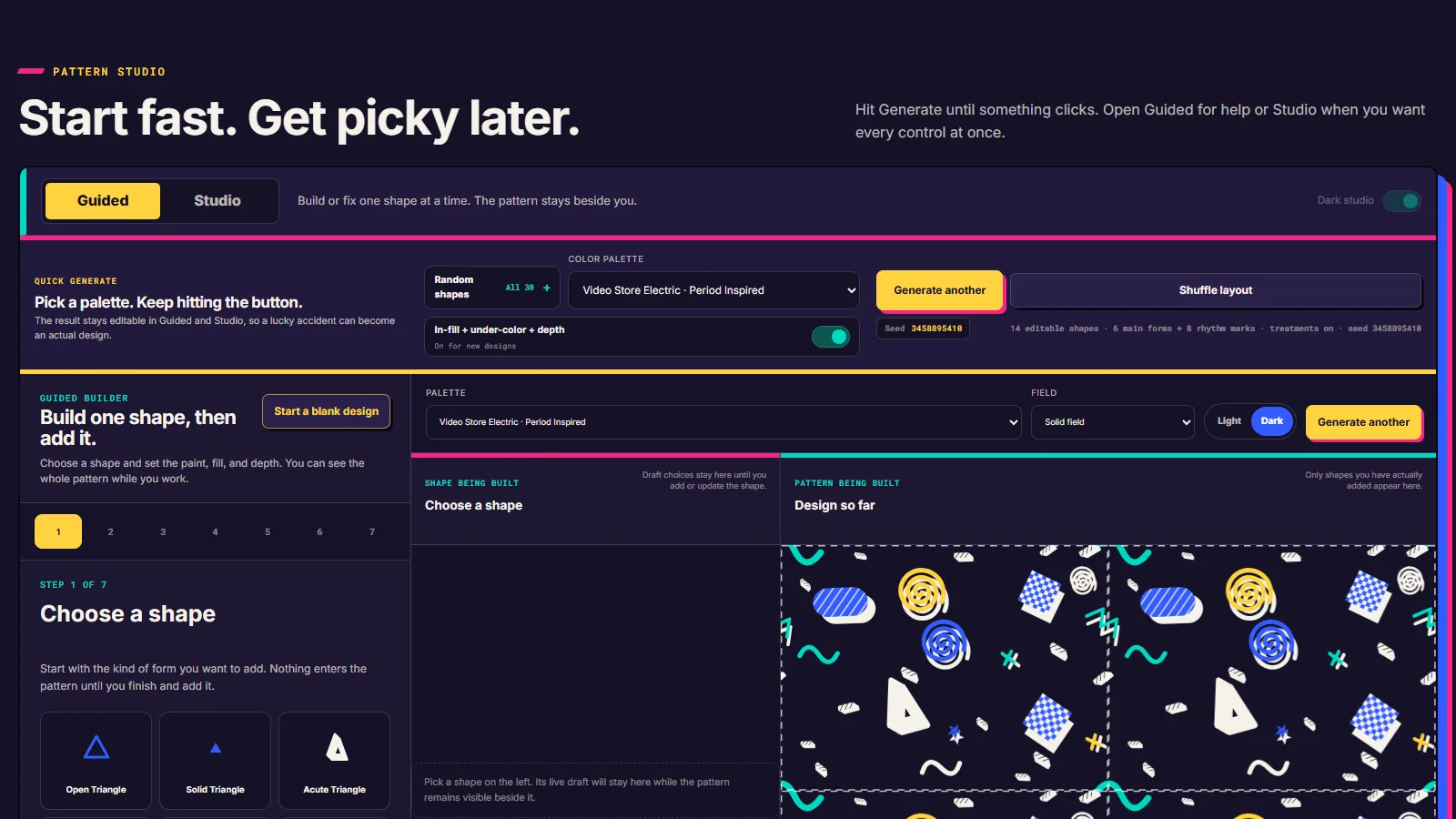 Memphis Pattern Builder in Guided mode: a step-by-step shape builder beside a live repeating pattern on a dark field.