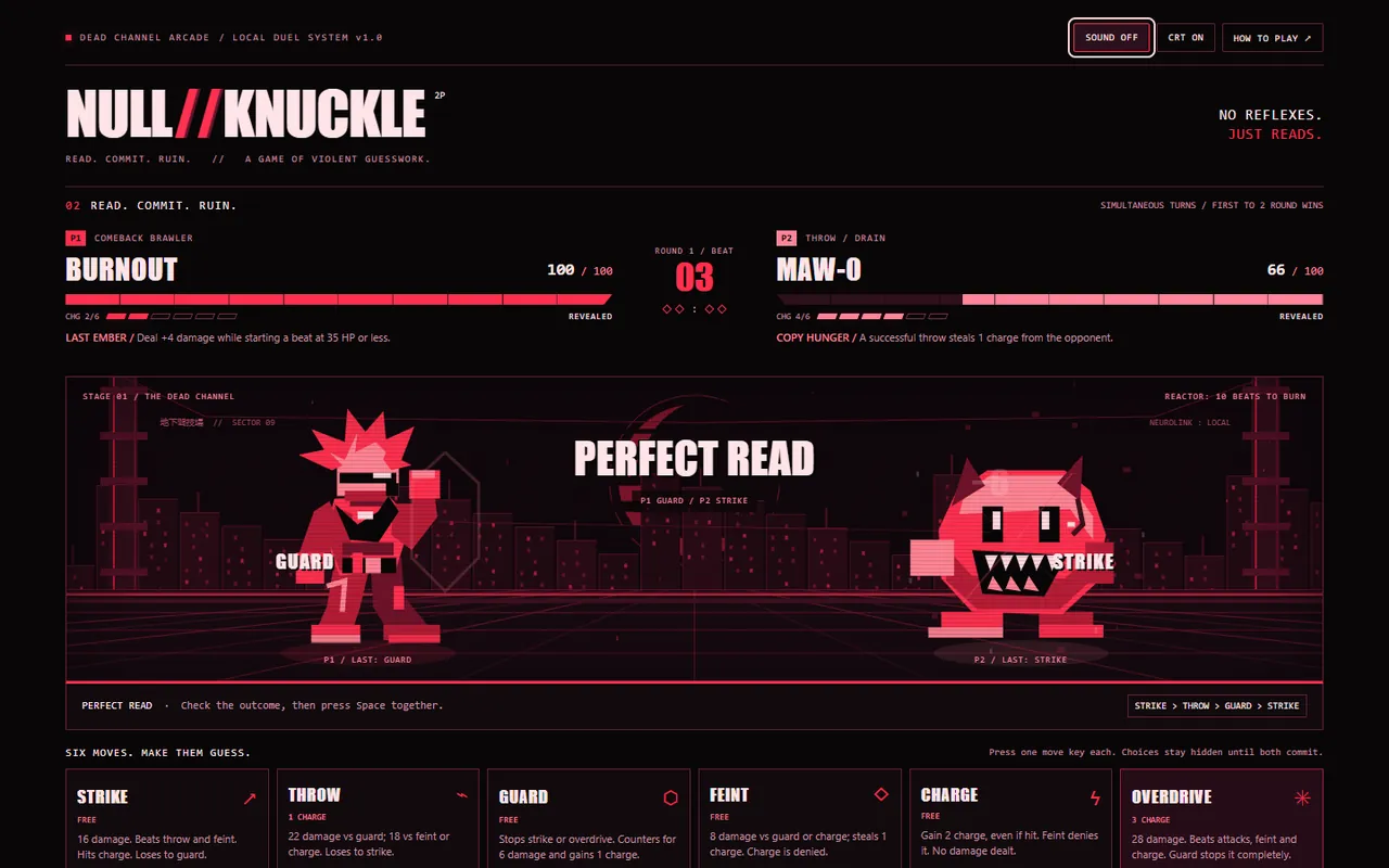 NULL//KNUCKLE battle screen in red and black CRT style, two pixel-art fighters and the words 'Perfect read.'