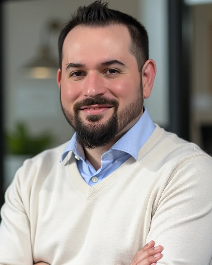 Mark J. Salisbury, smiling, arms crossed, wearing a cream sweater over a blue collared shirt.