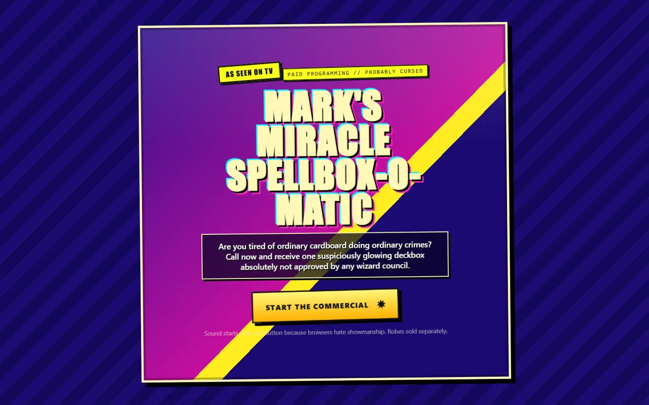 A late-night infomercial parody page titled 'Mark's Miracle Spellbox-O-Matic.'