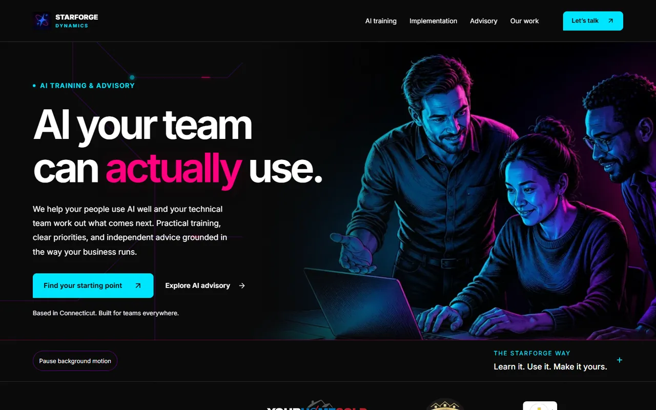 StarForge Dynamics home page with the headline 'AI your team can actually use' and a neon woodcut illustration.