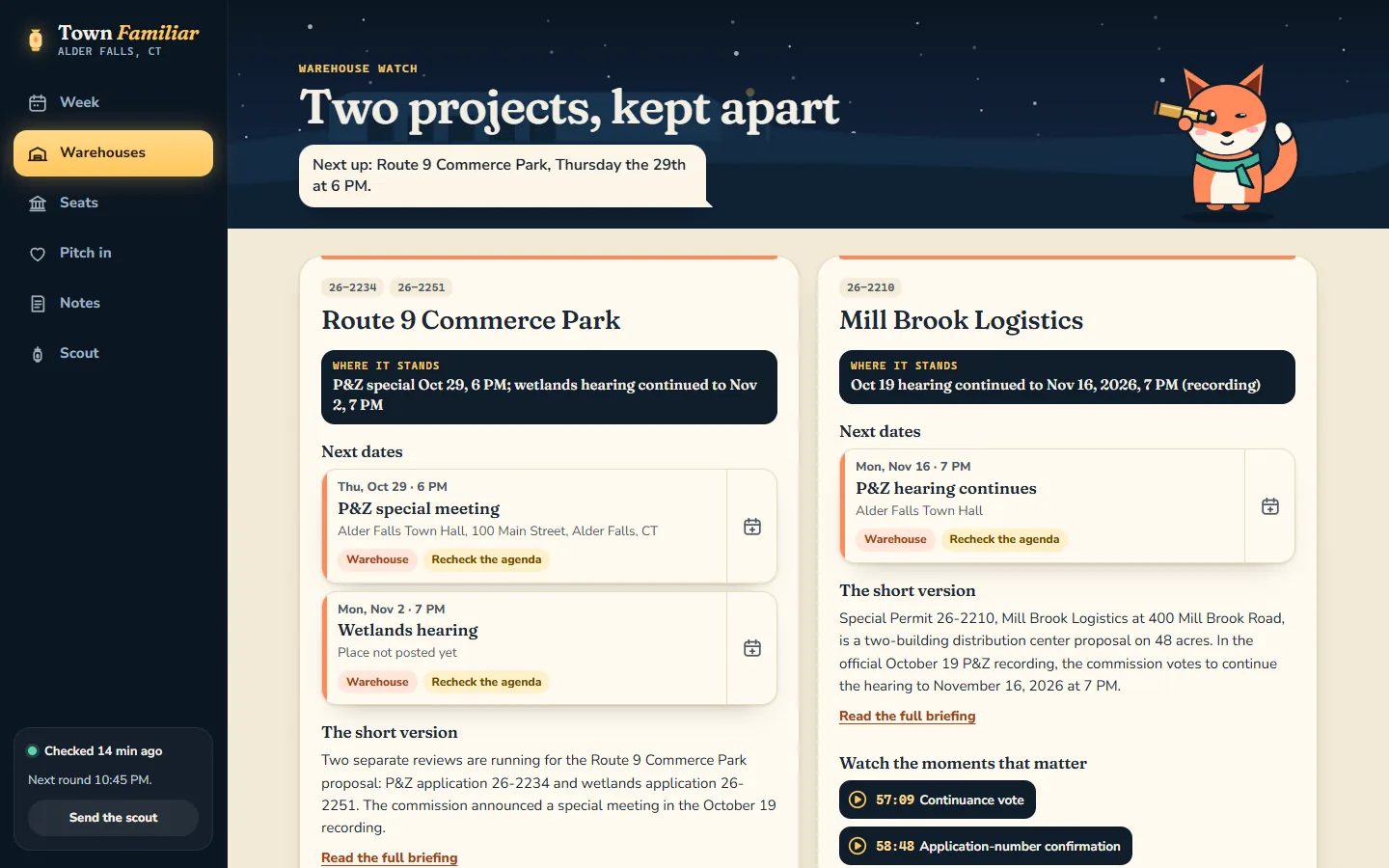 Town Familiar's Warehouses page, Two projects kept apart, with a fox holding a spyglass, shown with made-up projects.