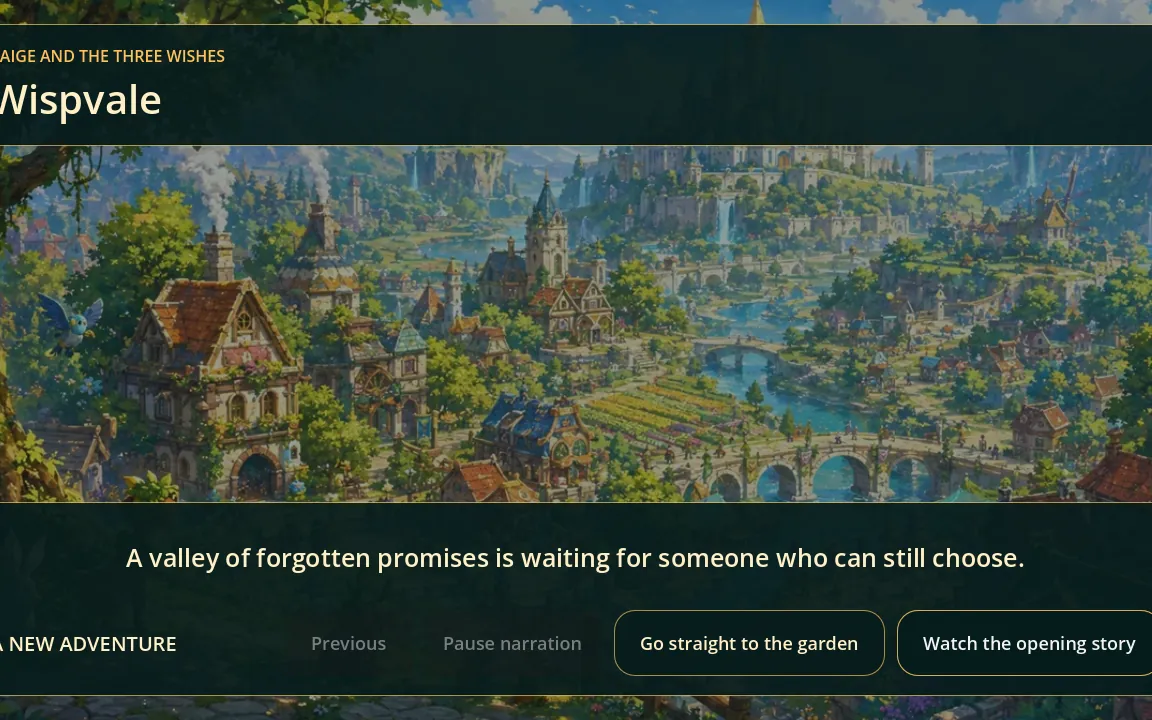 Painted title screen of Wispvale showing a storybook valley with cottages, a stone bridge, and distant towers.
